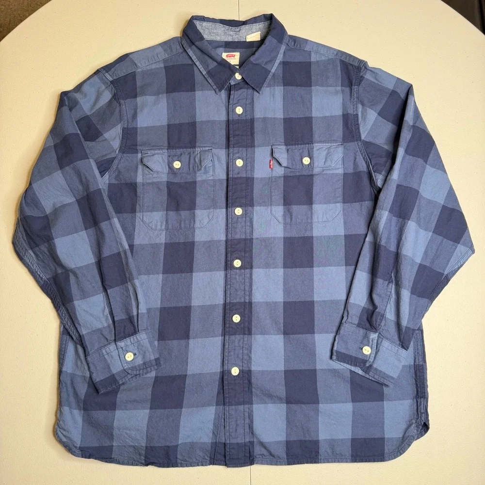Levis Mens Large‎ Relaxed Fit Blue Buffalo Plaid Button Down Flannel Shirt